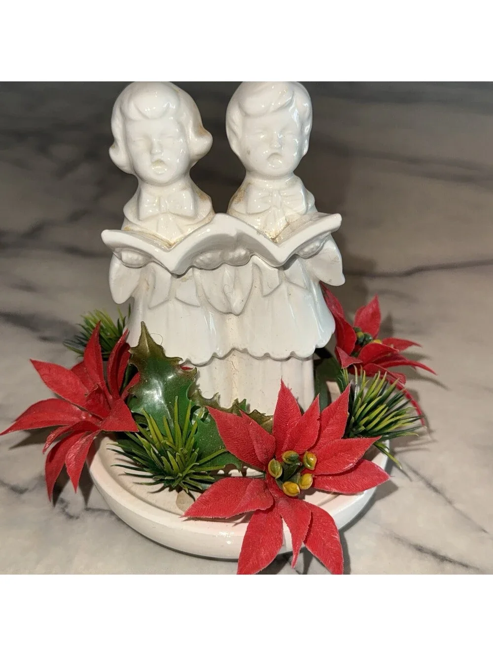 1967 STICKERED Vintage Ceramic Christmas Carolers Poinsettia Footed Figurines